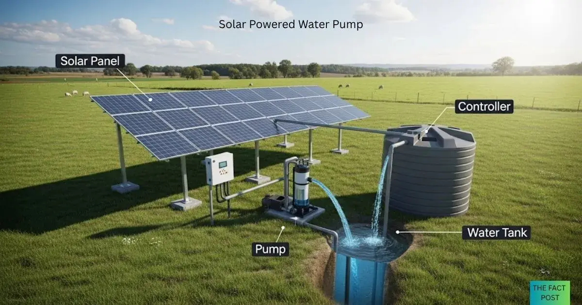 Solar powered water pump system on a rural farm, featuring solar panels, a submersible pump drawing water from a well, and a surface water tank used for irrigation under a bright sunny sky.
